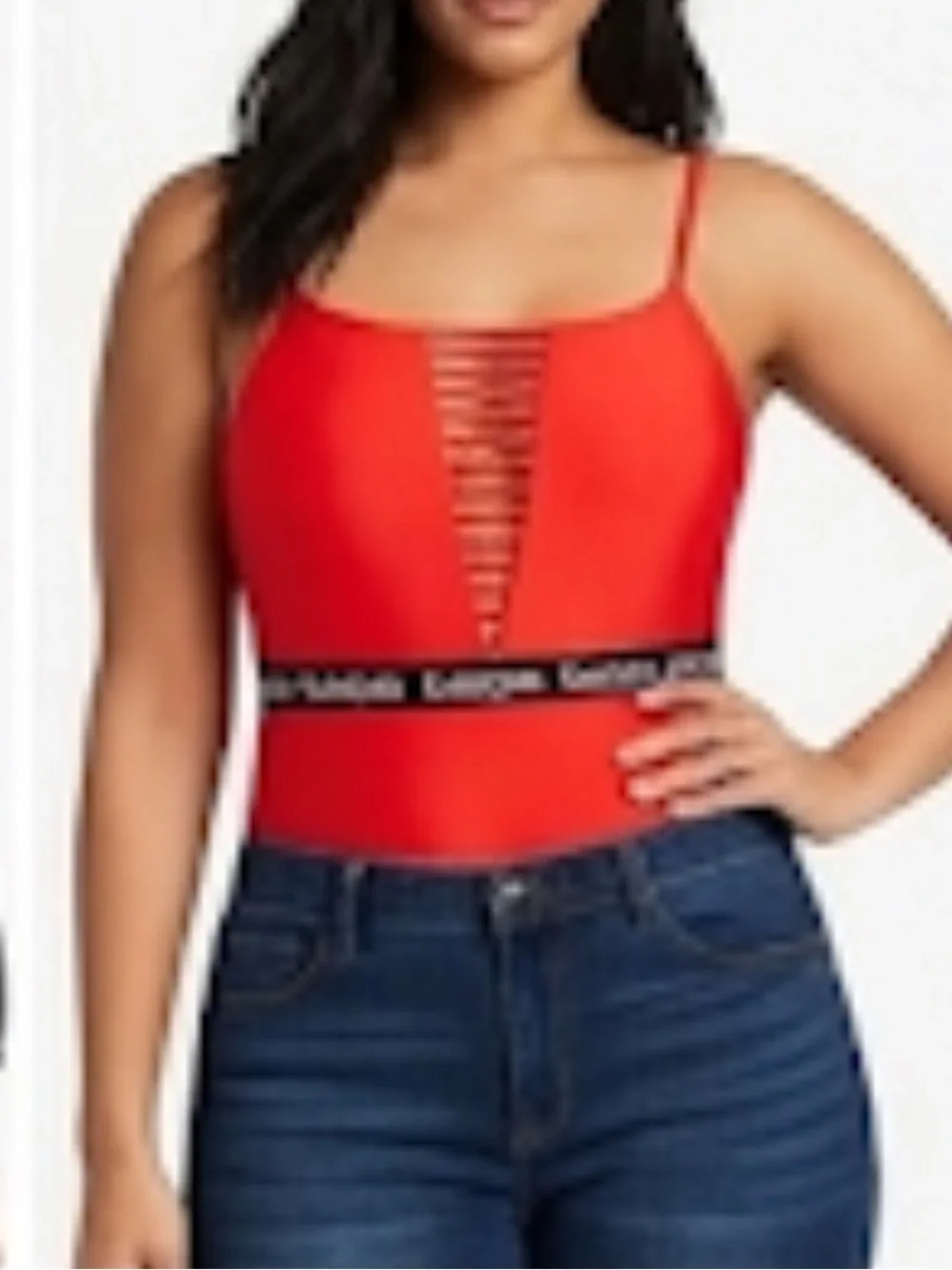 Bebe blood orange red swimsuit black band with logo size XL